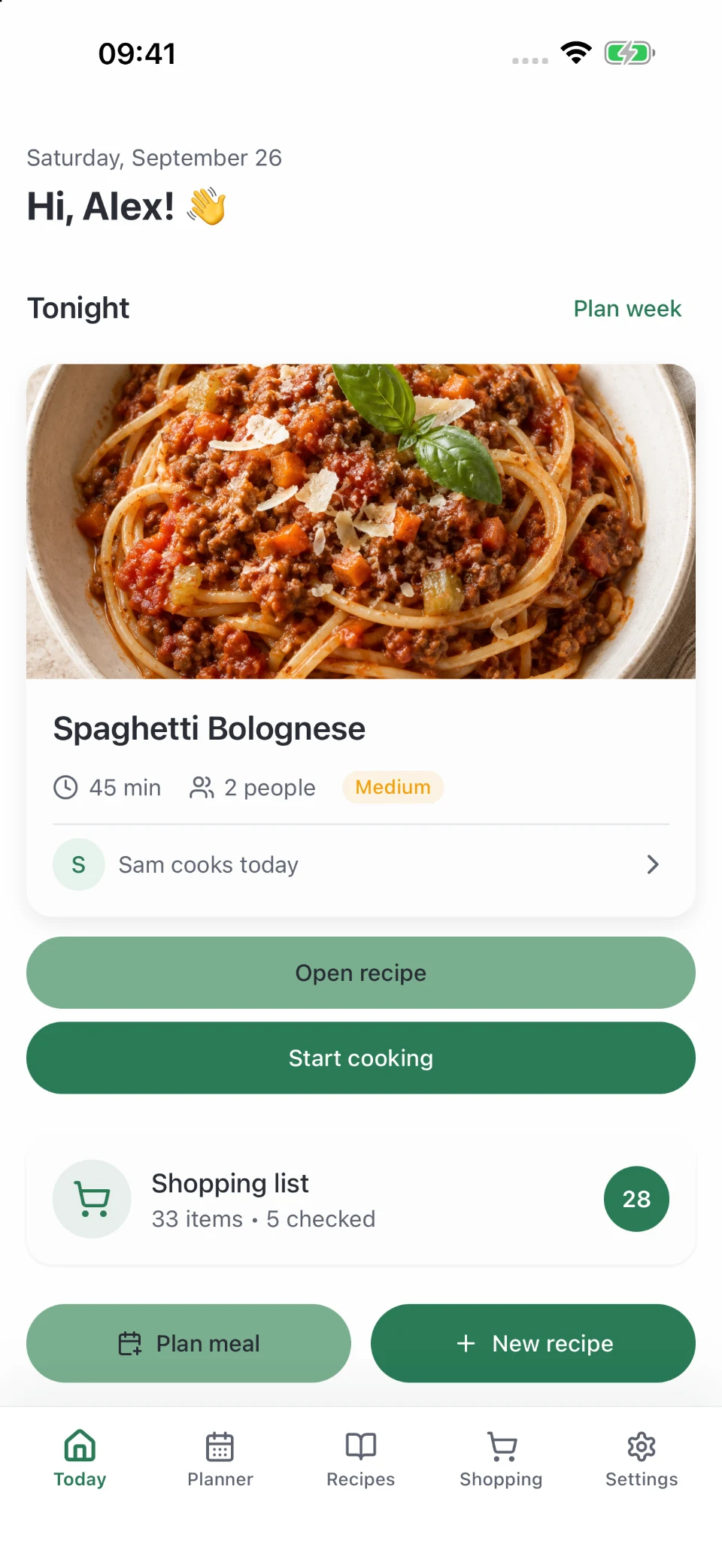 Platoo today screen showing the planned dinner