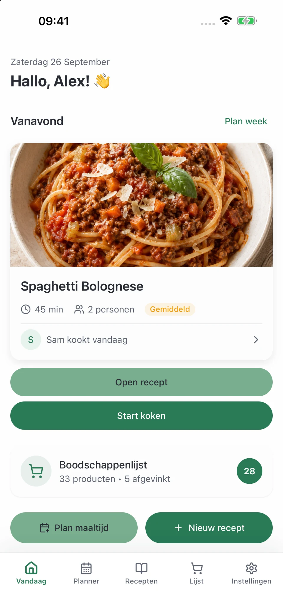 Platoo-vandaagoverzicht met het geplande avondeten