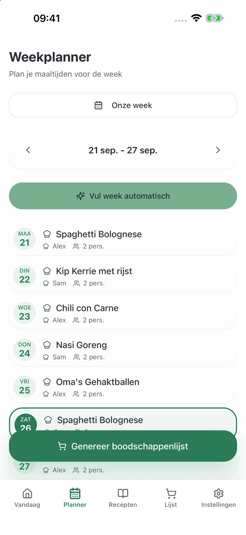 Ingevulde weekplanning in Platoo