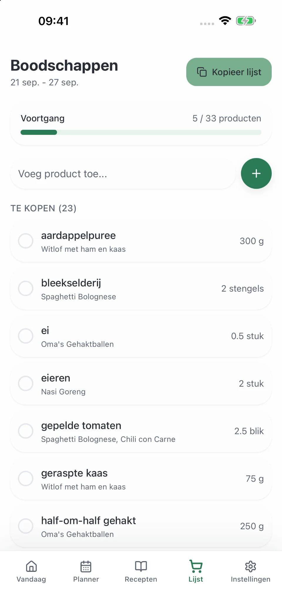 Detail van de bijbehorende gedeelde boodschappenlijst in Platoo